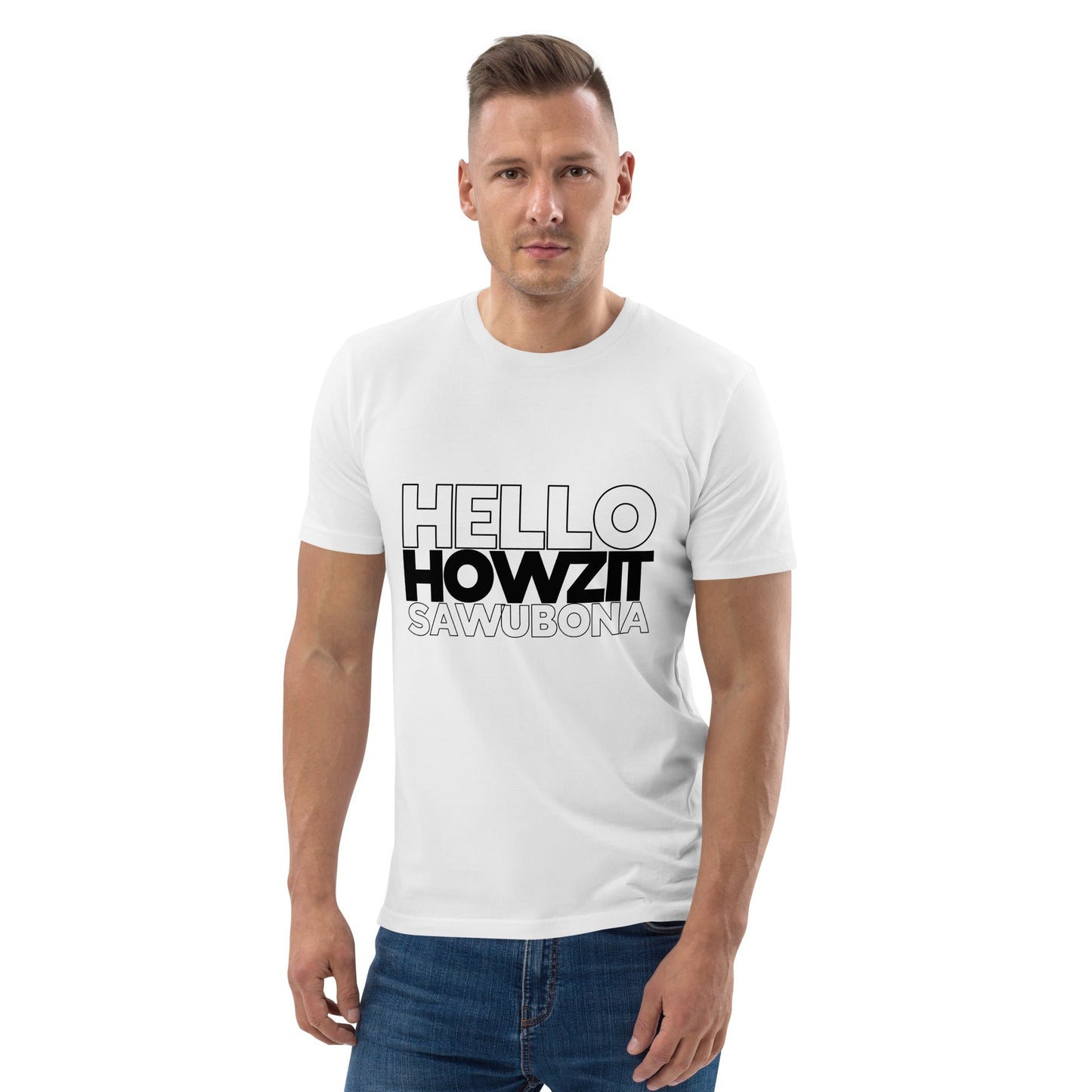 GREETINGS (front) Unisex white organic cotton t-shirt - Bull & Node