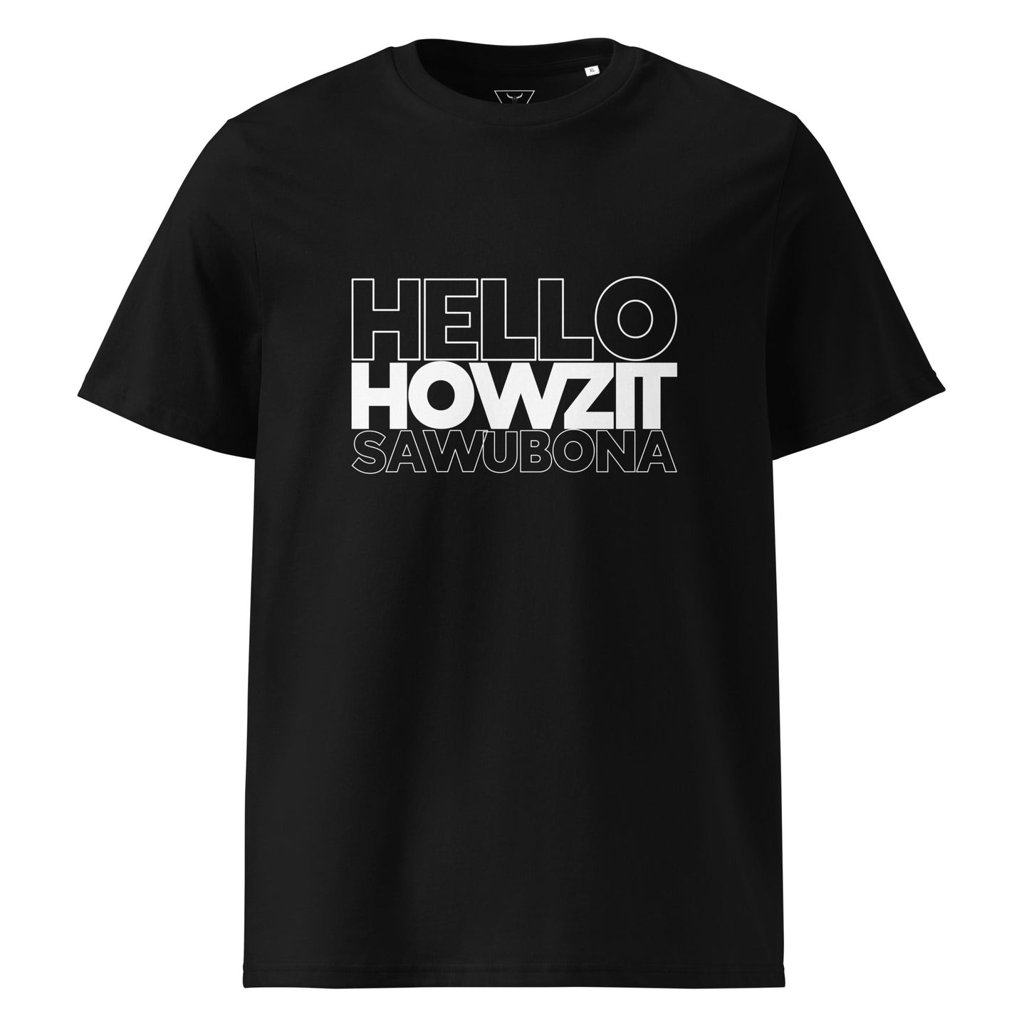 GREETINGS (front) Unisex black organic cotton t-shirt - Bull & Node