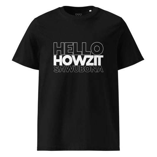 GREETINGS (front) Unisex black organic cotton t-shirt - Bull & Node