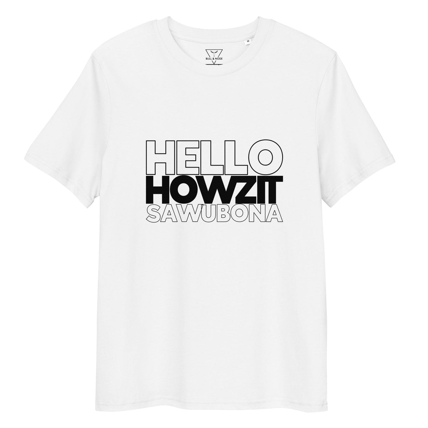 GREETINGS (front) Unisex white organic cotton t-shirt - Bull & Node