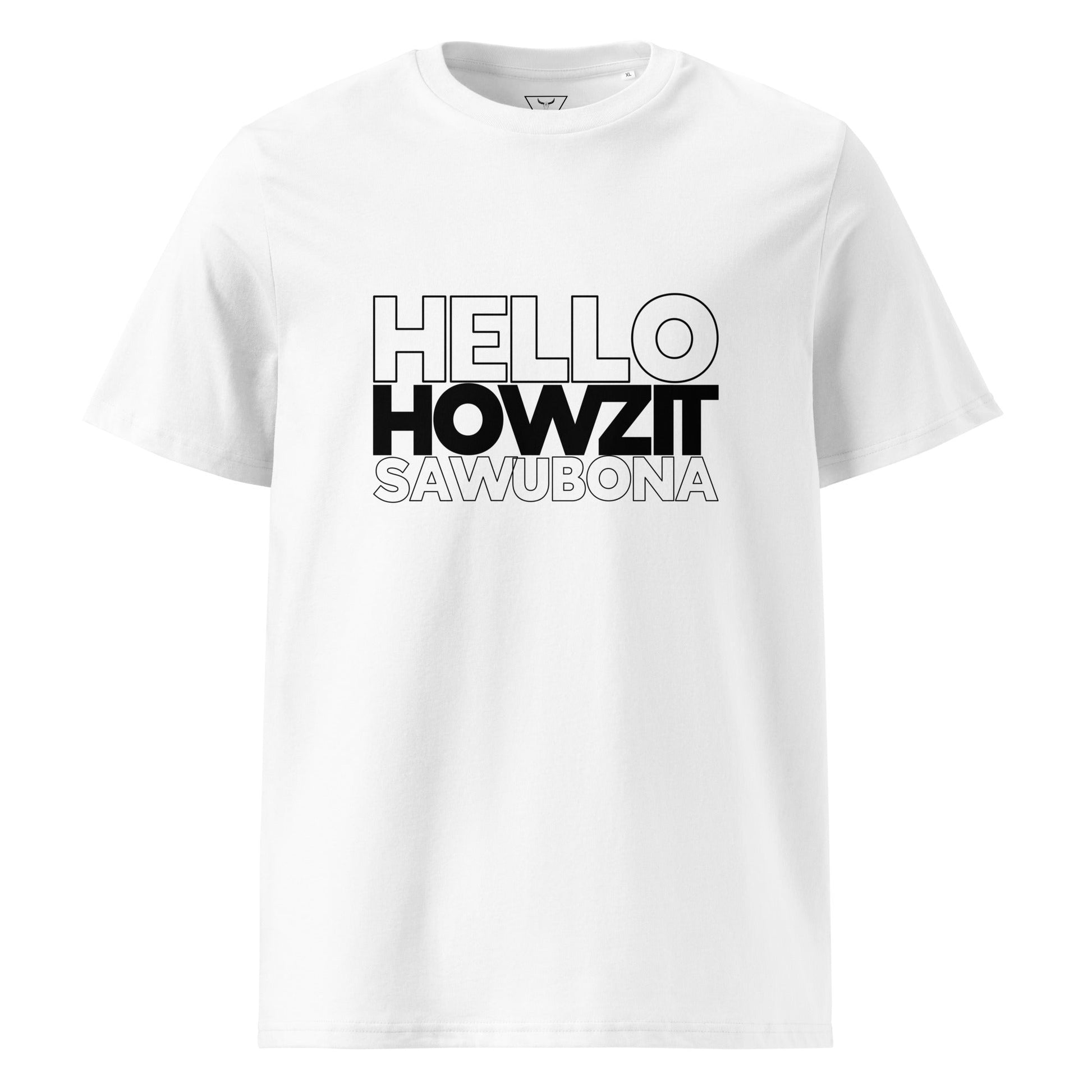 GREETINGS (front) Unisex white organic cotton t-shirt - Bull & Node