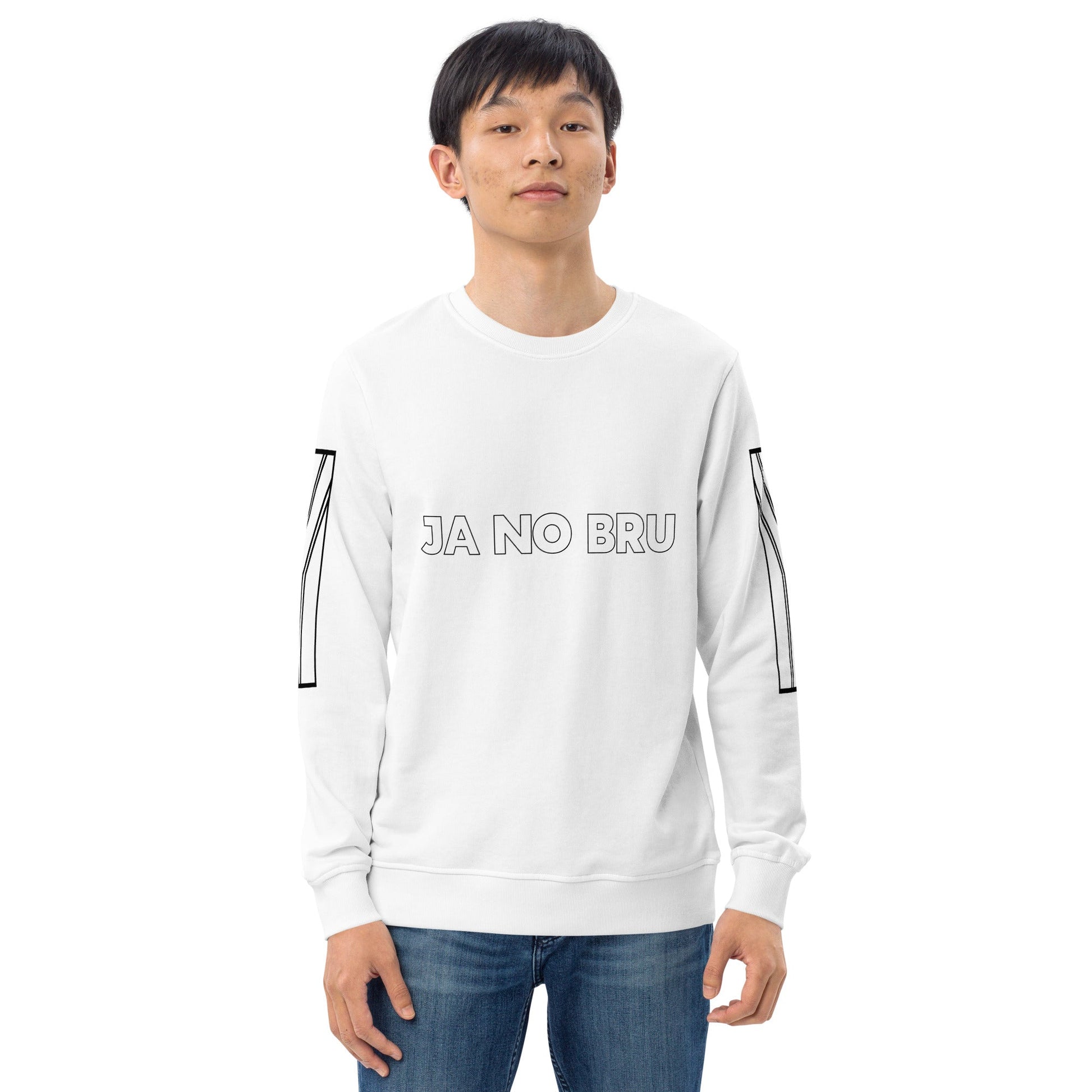 JA NO BRU Unisex white organic sweatshirt - Bull & Node